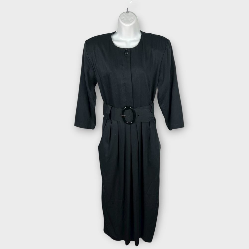 Vintage‎ 80s Black Career Office Dress Large Buckle Minimalist Preppy Chic Sz 10